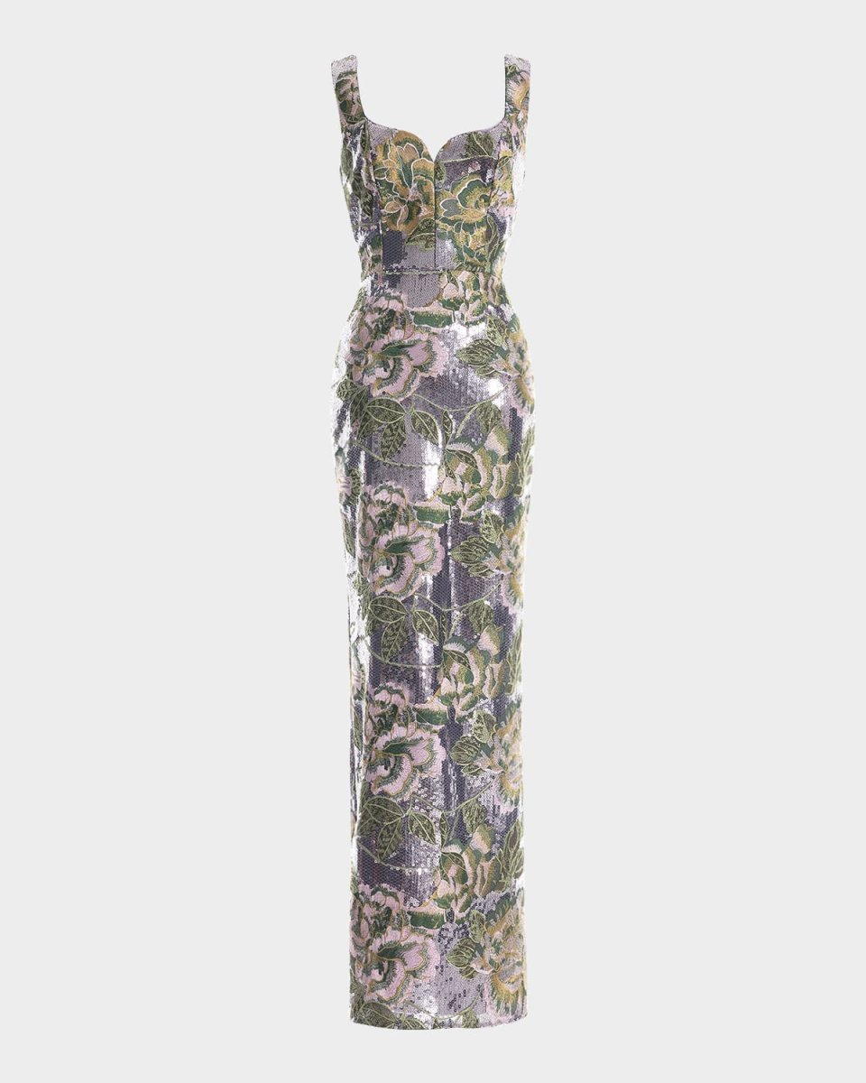 Goldie Floral-Embroidered Sequin Gown